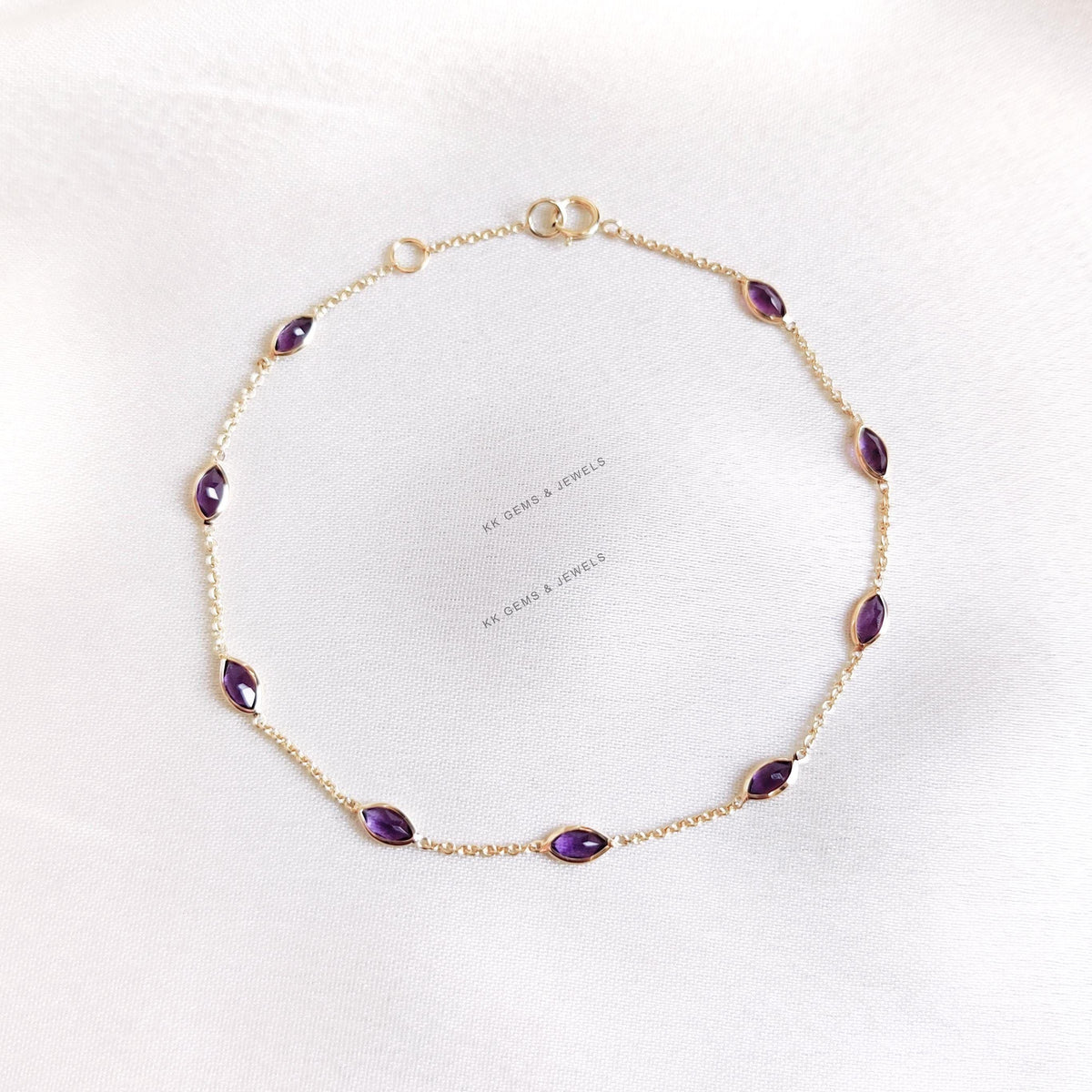 14K Solid Gold Natural Purple Amethyst Bracelet, February Birthstone Jewelry