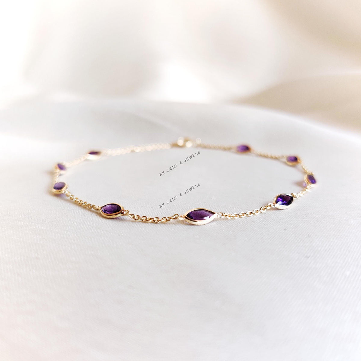 14K Solid Gold Natural Purple Amethyst Bracelet, February Birthstone Jewelry