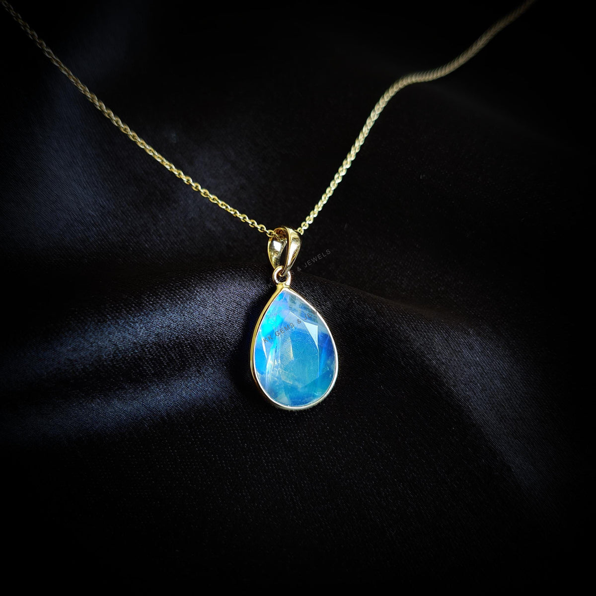 14K Solid Yellow Gold Natural Rainbow Moonstone Pear Pendant, June Birthstone