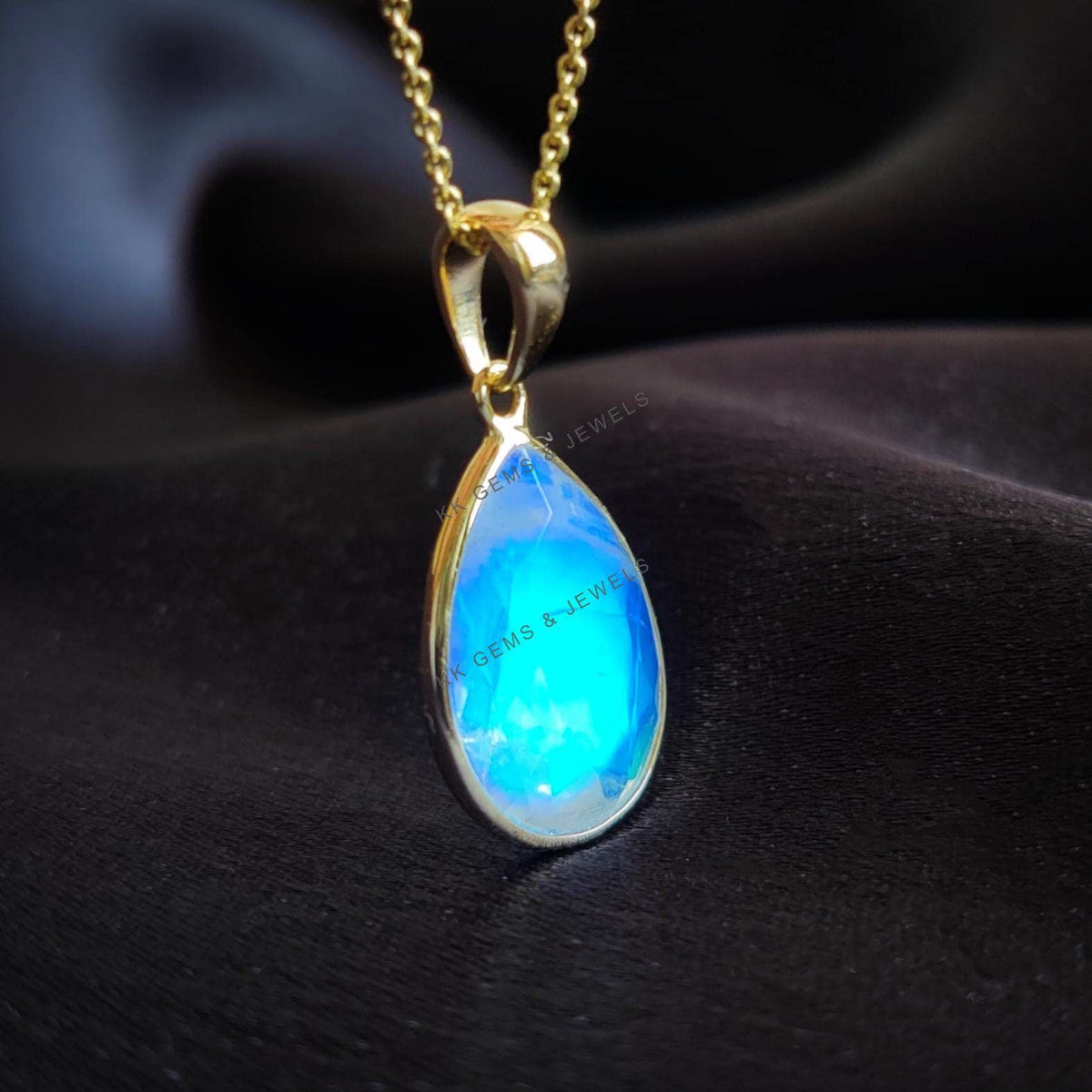 14K Solid Yellow Gold Natural Rainbow Moonstone Pear Pendant, June Birthstone