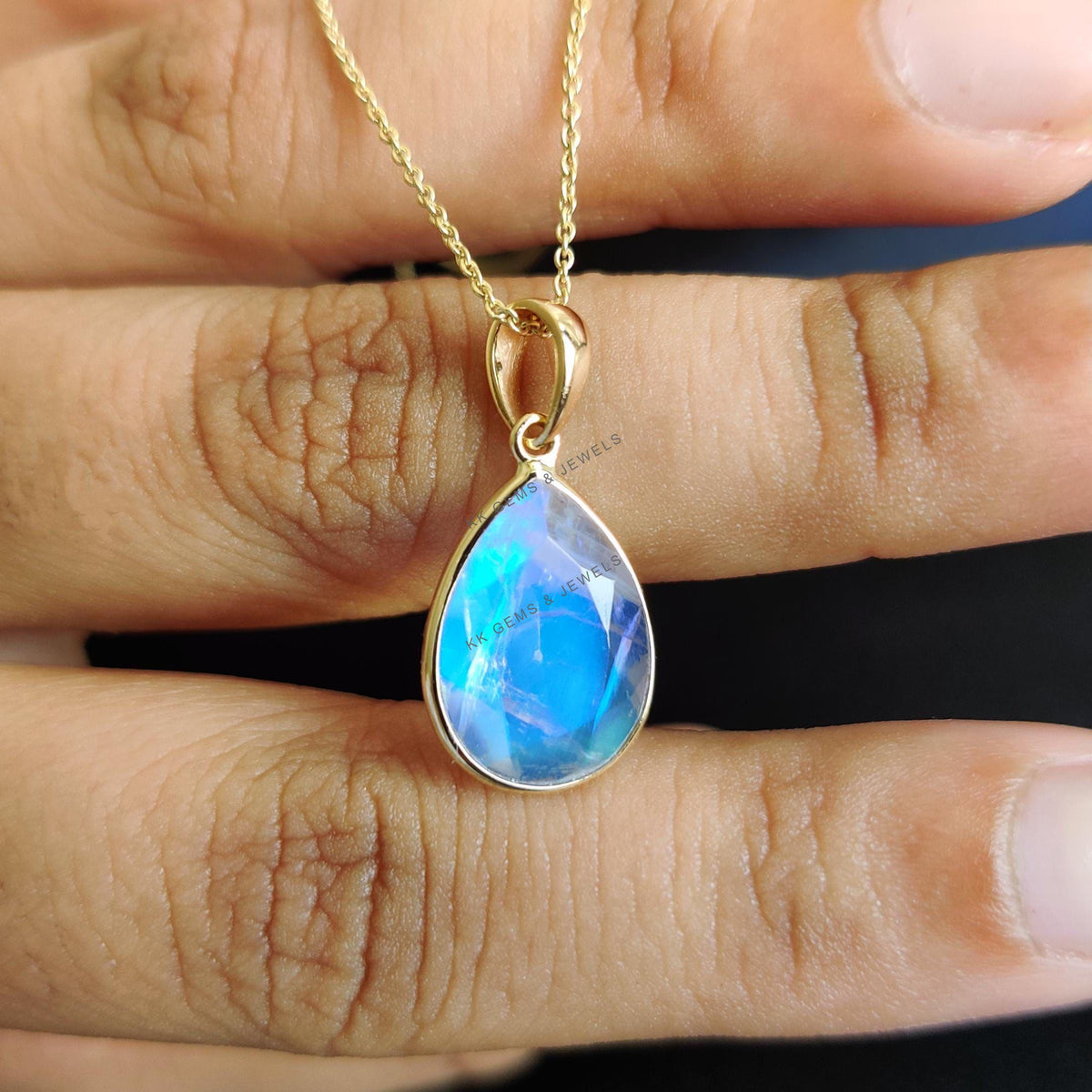 14K Solid Yellow Gold Natural Rainbow Moonstone Pear Pendant, June Birthstone