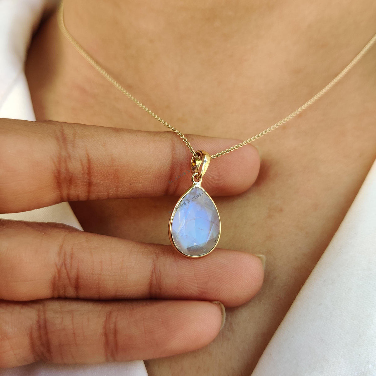14K Solid Yellow Gold Natural Rainbow Moonstone Pear Pendant, June Birthstone