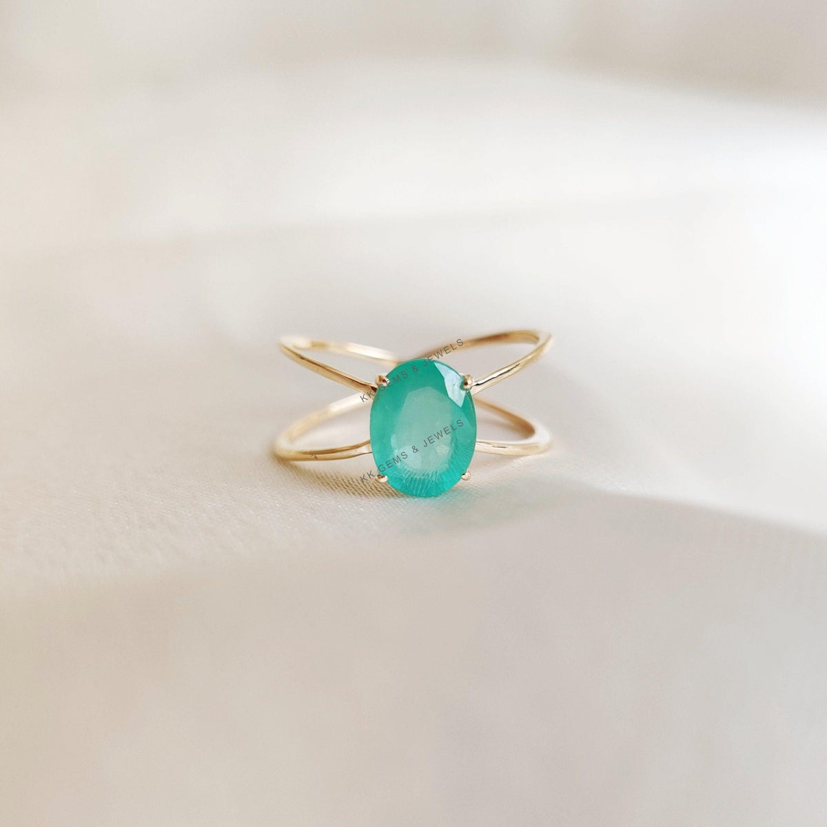 Natural Emerald 14K Solid Yellow Gold Ring, Cross Band Design, May Birthstone