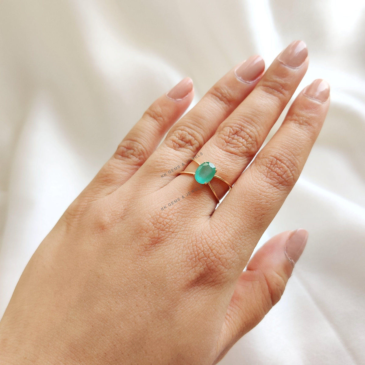 Natural Emerald 14K Solid Yellow Gold Ring, Cross Band Design, May Birthstone