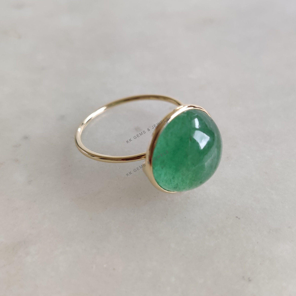 14K Solid Gold Natural Green Aventurine Ring, August Birthstone