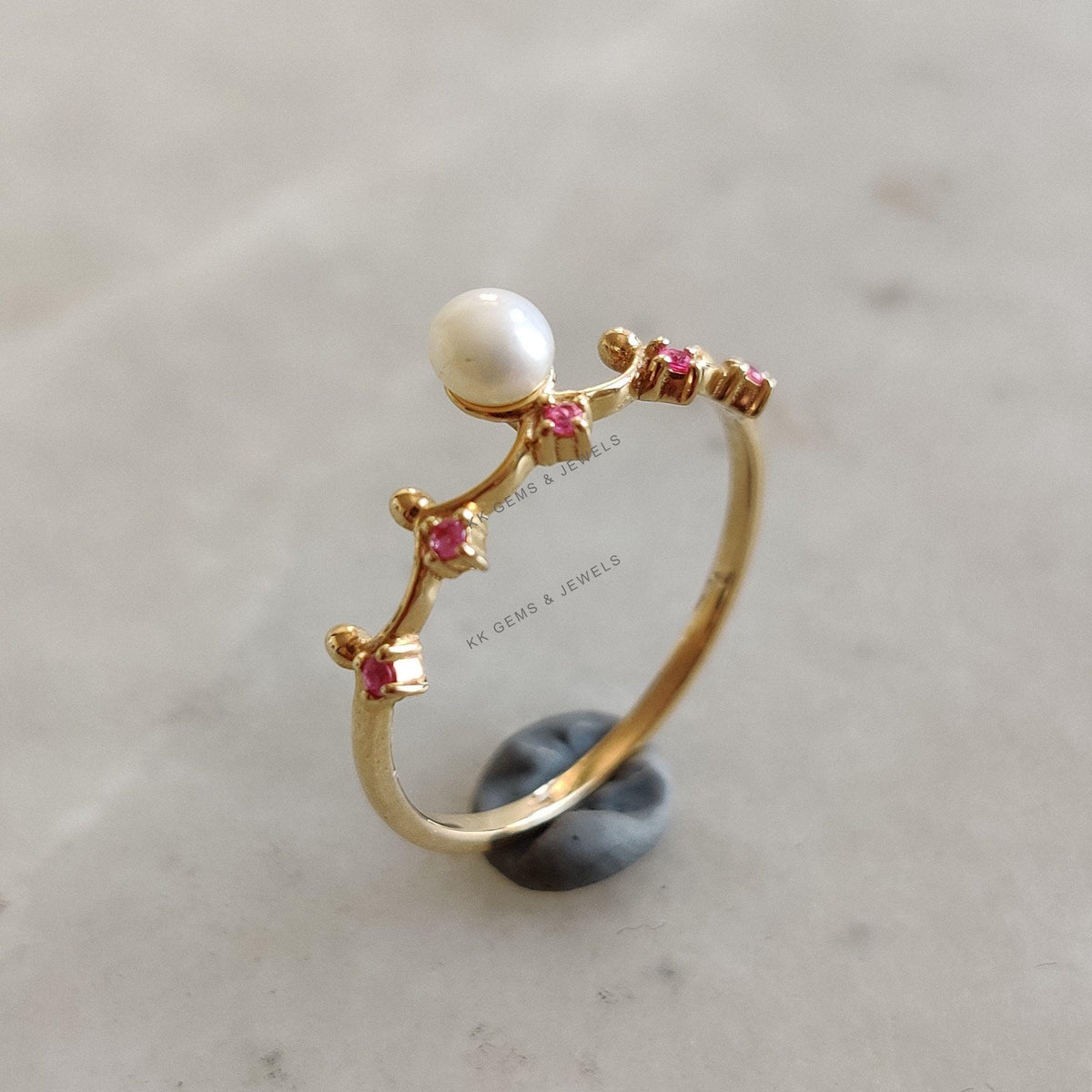14K Solid Yellow Gold Natural Pearl & Ruby Ring, June July Birthstone Jewelry