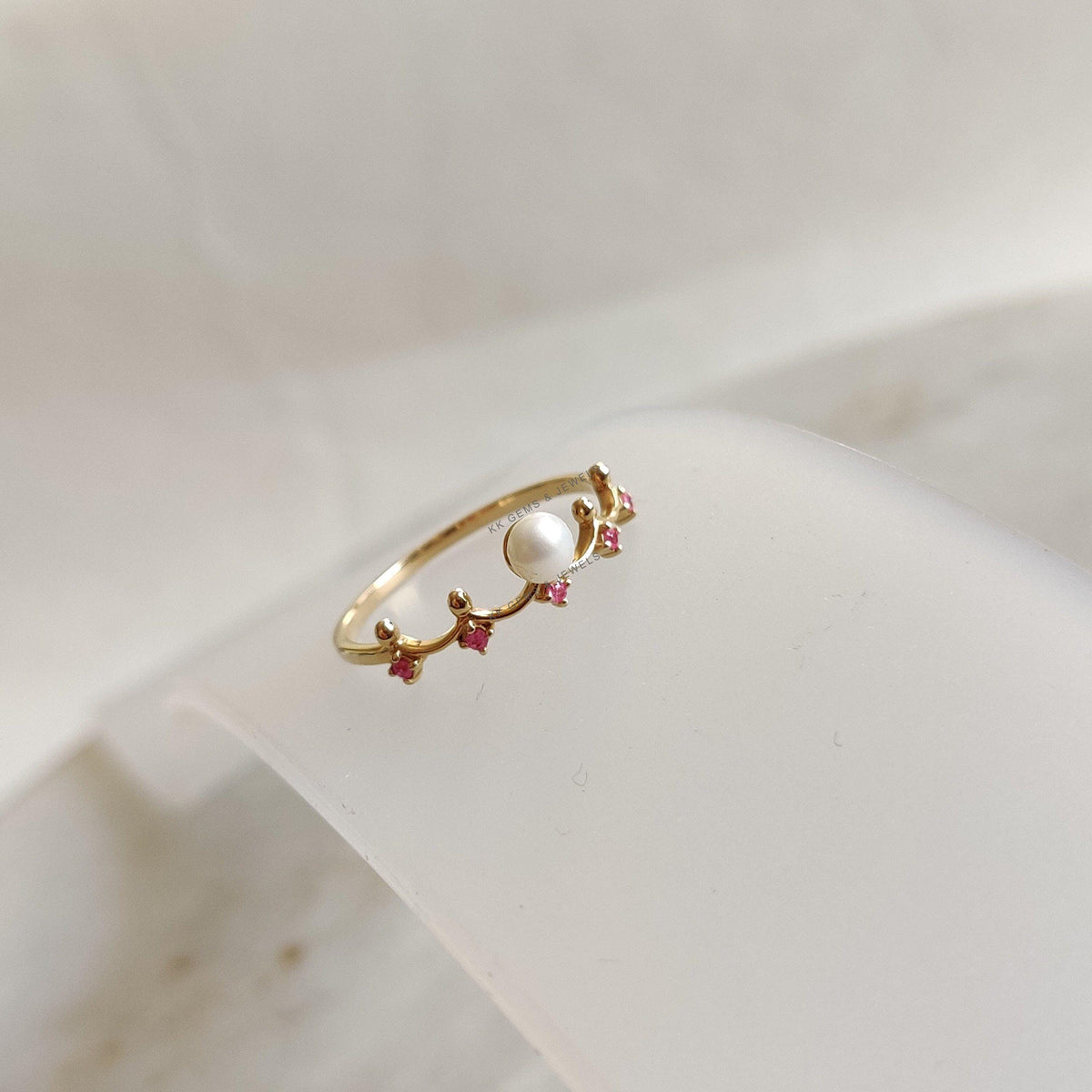 14K Solid Yellow Gold Natural Pearl & Ruby Ring, June July Birthstone Jewelry