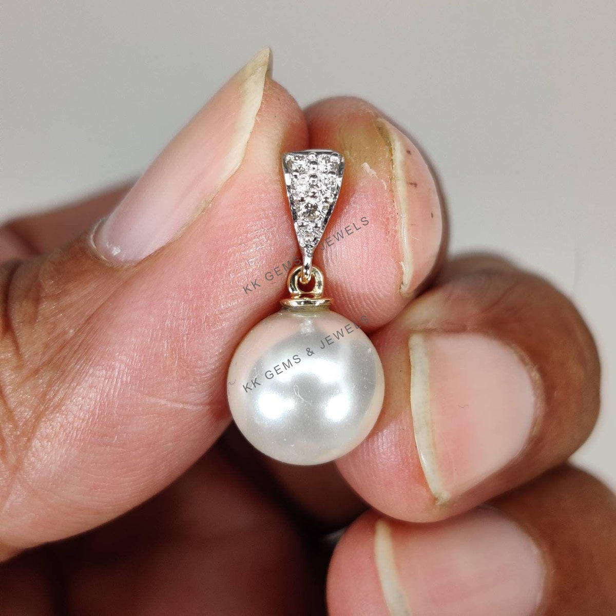 14k Solid Gold Natural Pearl & Diamond Pendant , June Birthstone Diamond Jewelry