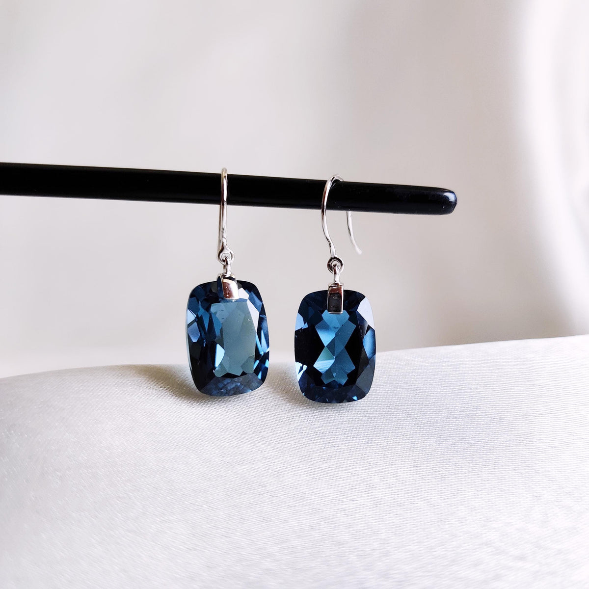 Natural London Blue Topaz Drill Earrings, 14K Solid White Gold, December Birthstone