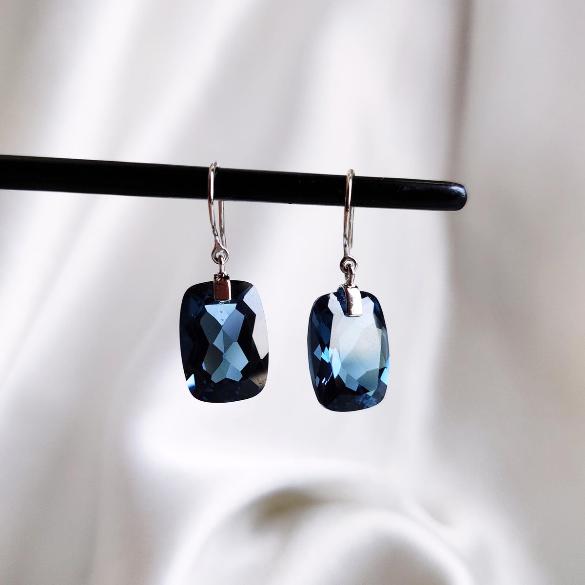 Natural London Blue Topaz Drill Earrings, 14K Solid White Gold, December Birthstone