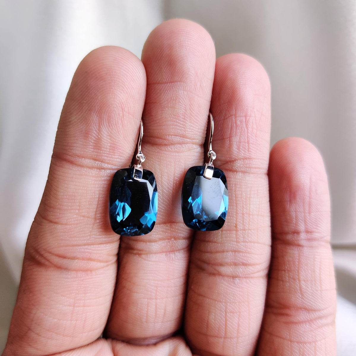 Natural London Blue Topaz Drill Earrings, 14K Solid White Gold, December Birthstone