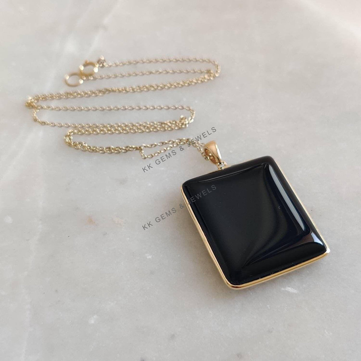 14K Solid Yellow Gold Natural Black Onyx Pendant, Rectangle Gemstone Pendant,
