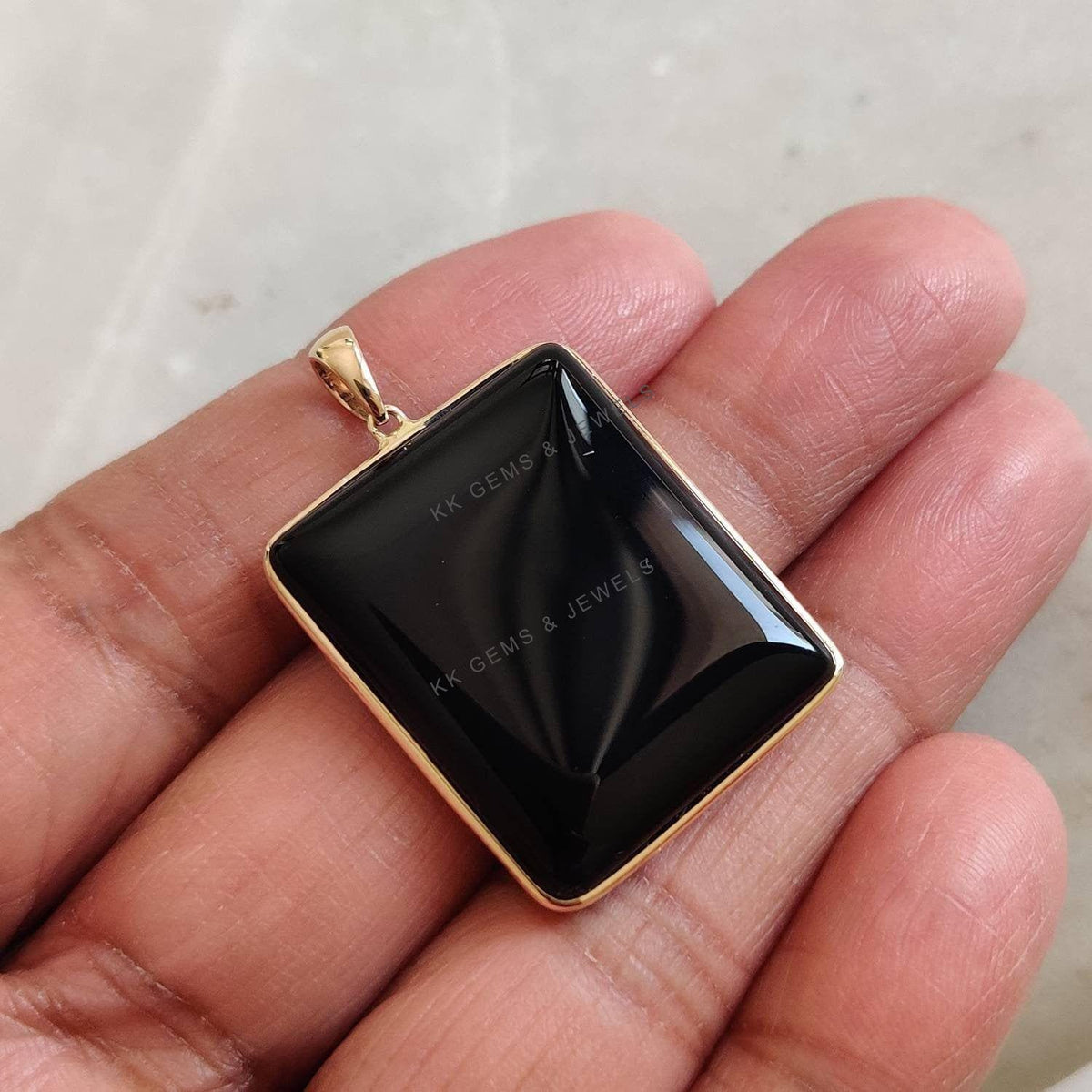 14K Solid Yellow Gold Natural Black Onyx Pendant, Rectangle Gemstone Pendant,