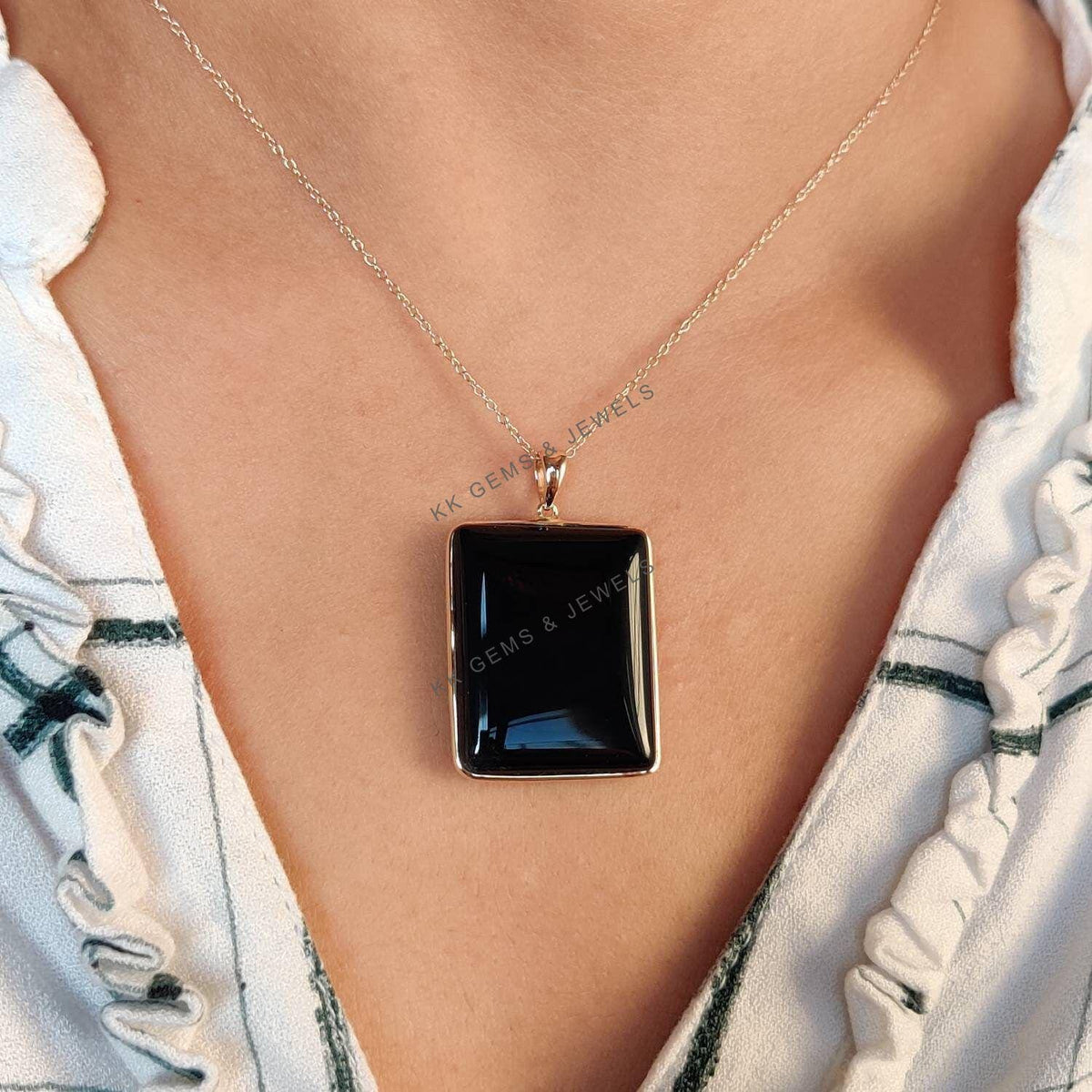 14K Solid Yellow Gold Natural Black Onyx Pendant, Rectangle Gemstone Pendant,