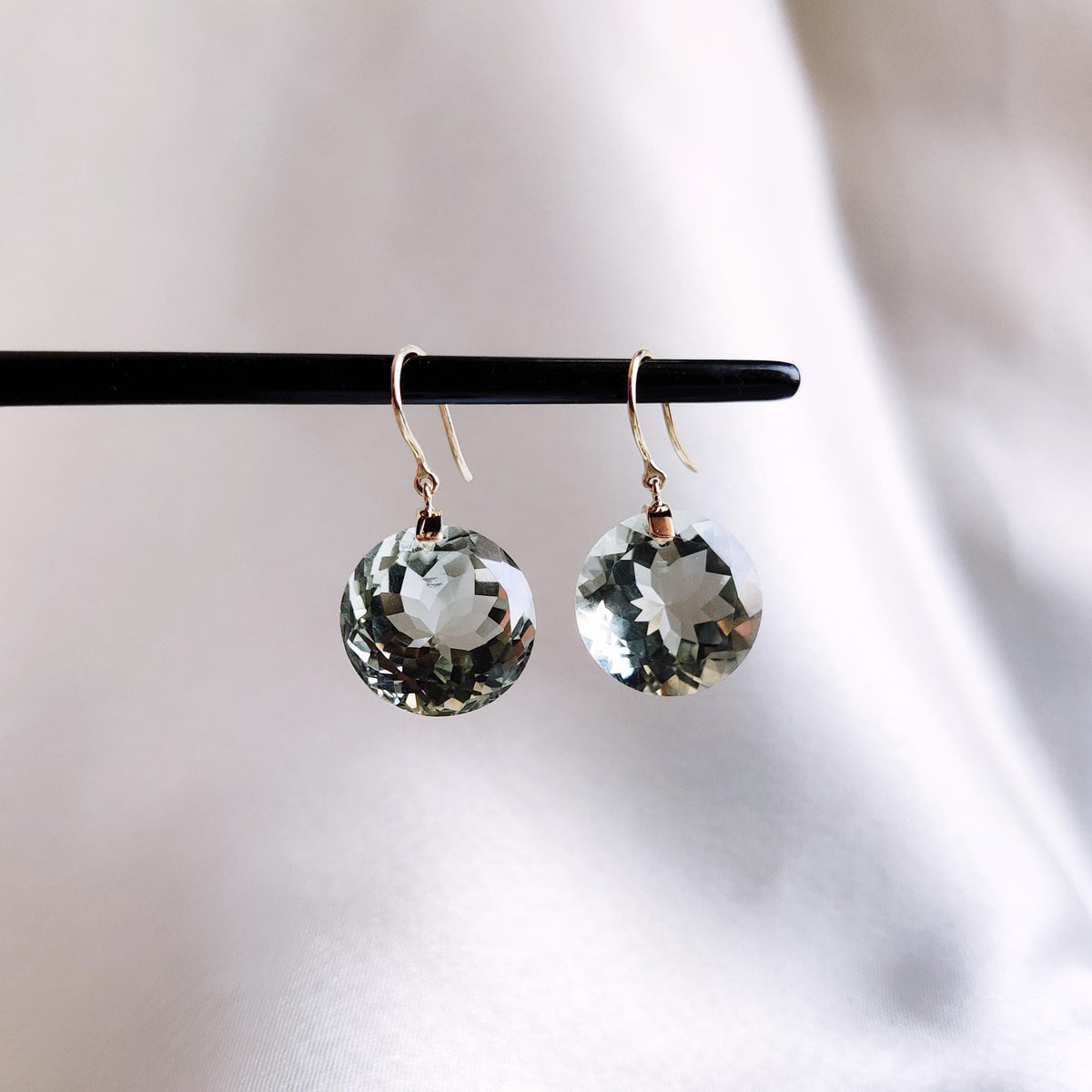 Natural Green Amethyst Earrings, 14K Solid Yellow Gold, Round Cut Prasiolite
