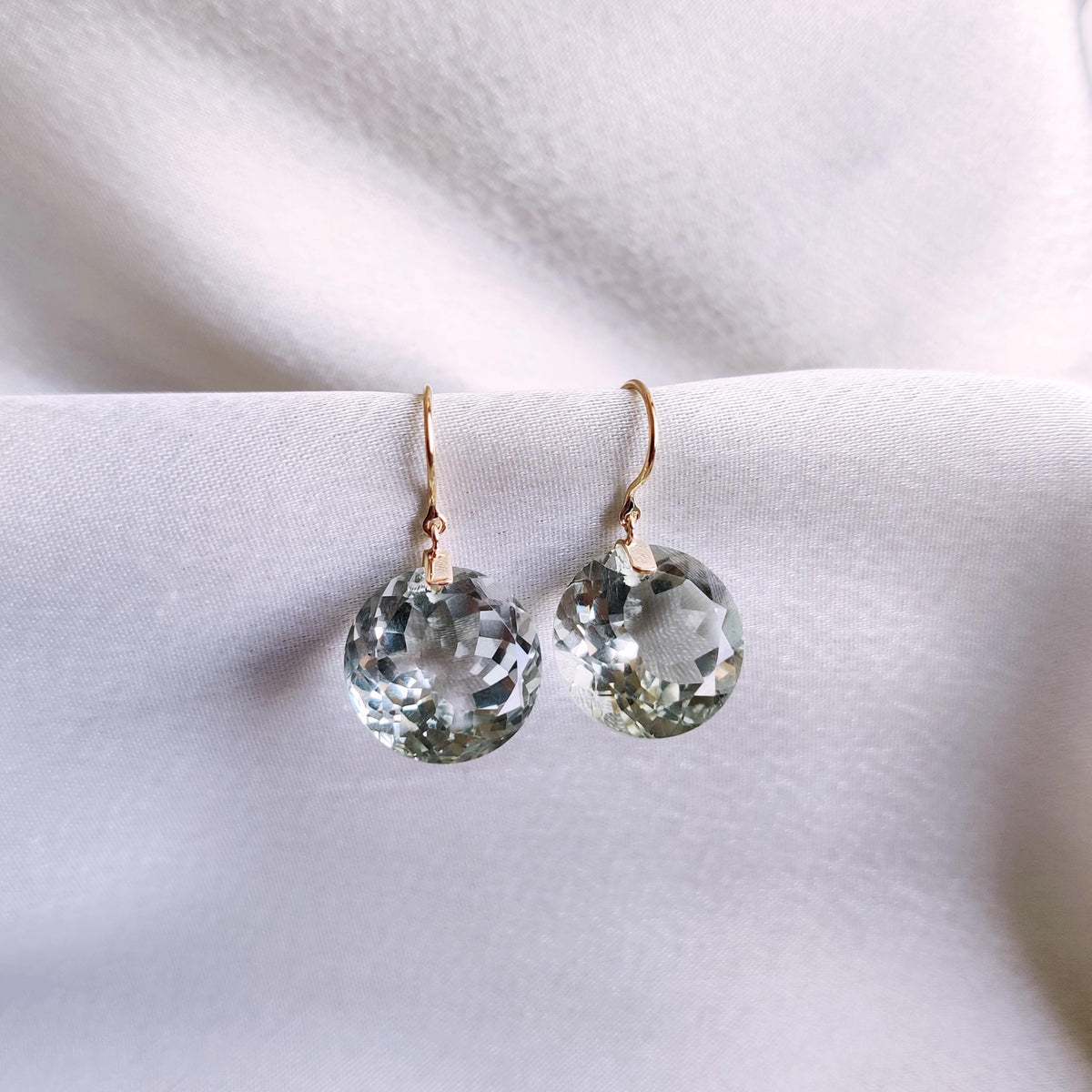Natural Green Amethyst Earrings, 14K Solid Yellow Gold, Round Cut Prasiolite