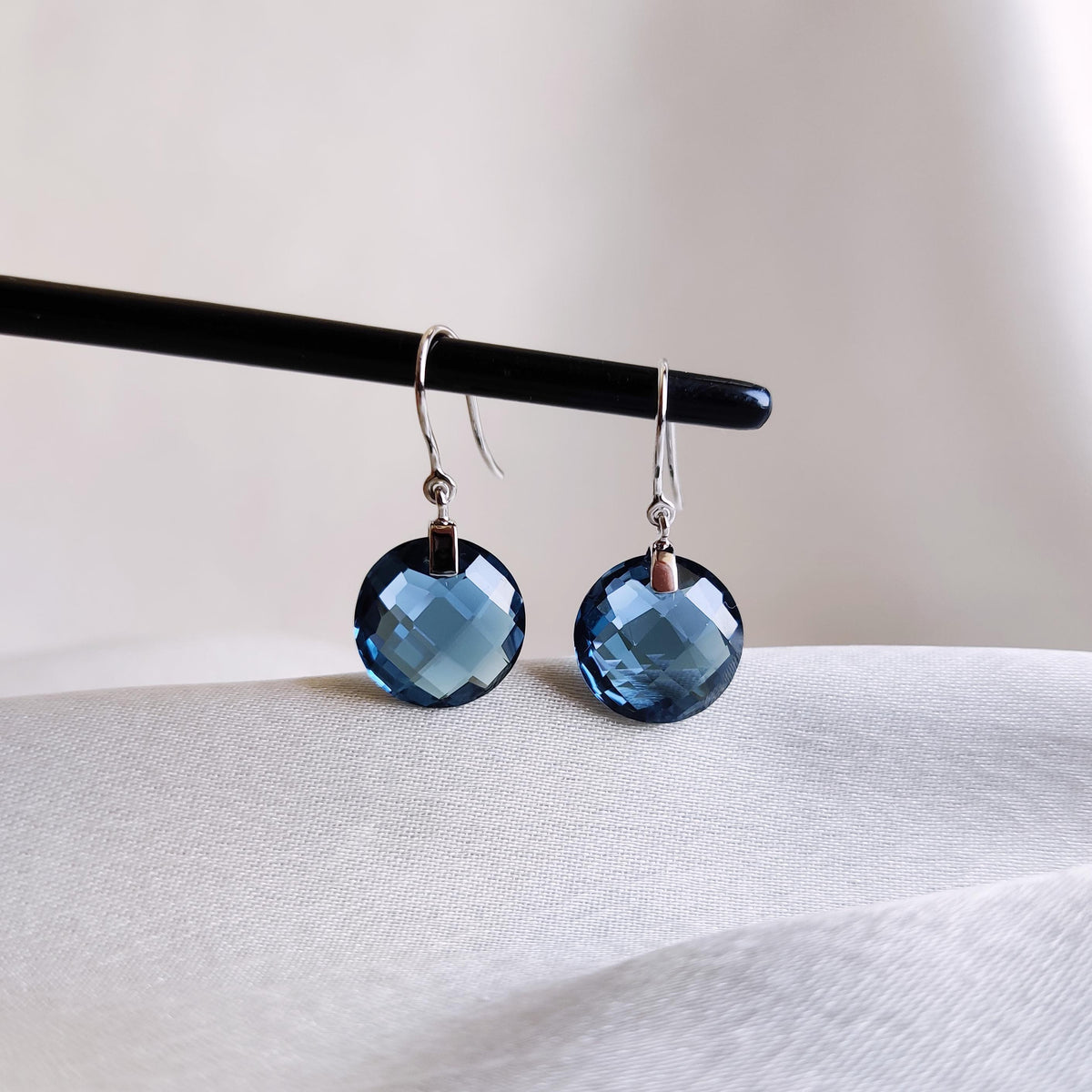 14K Solid White Gold Natural London Blue Topaz Drill Earrings, December Birthstone