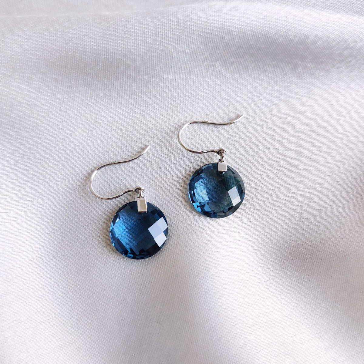14K Solid White Gold Natural London Blue Topaz Drill Earrings, December Birthstone