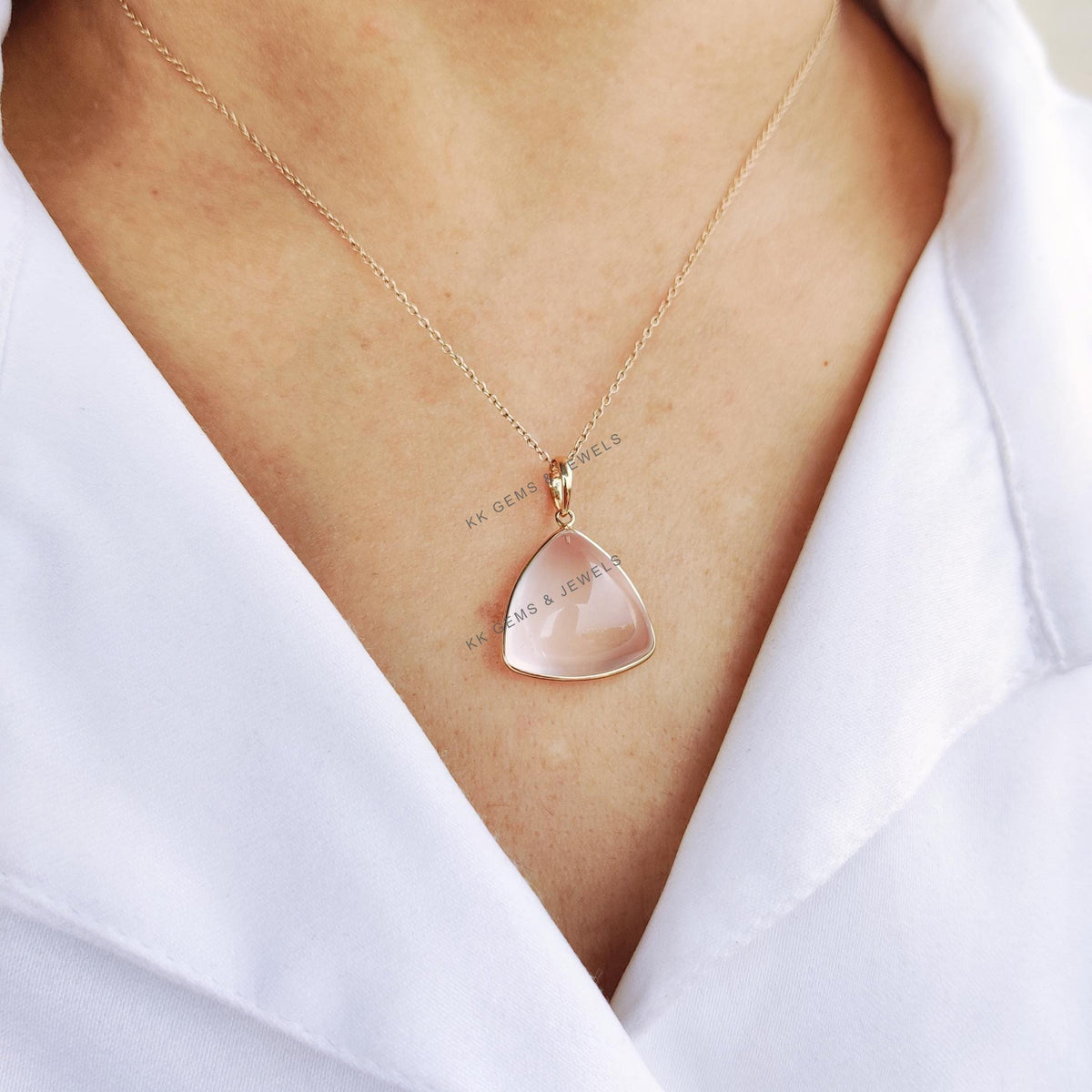 Natural Rose Quartz Pendant, 14K Solid Yellow Gold Pendant, Trillion Bezel Set Pendant, January Birthstone, Christmas Present