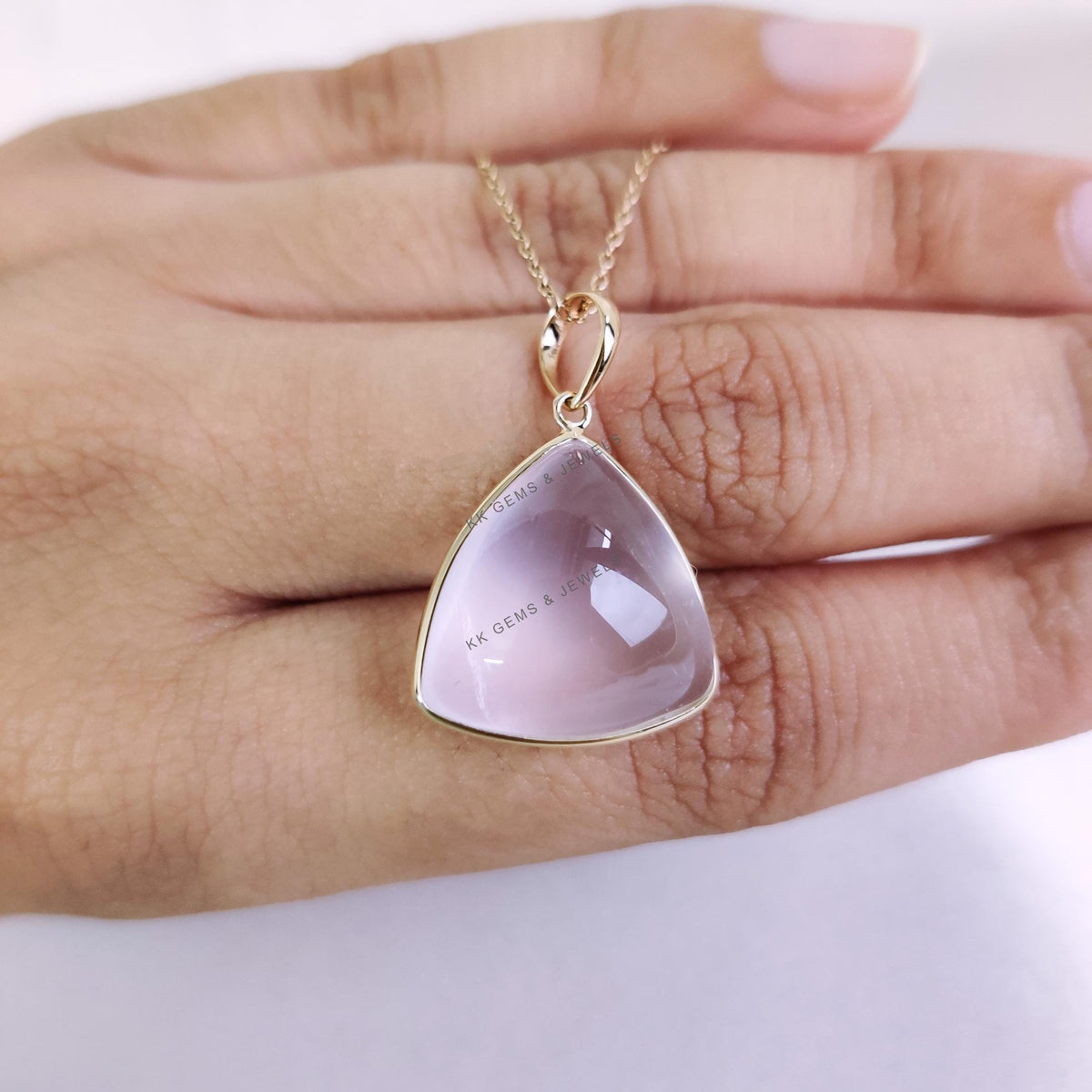 Natural Rose Quartz Pendant, 14K Solid Yellow Gold Pendant, Trillion Bezel Set Pendant, January Birthstone, Christmas Present