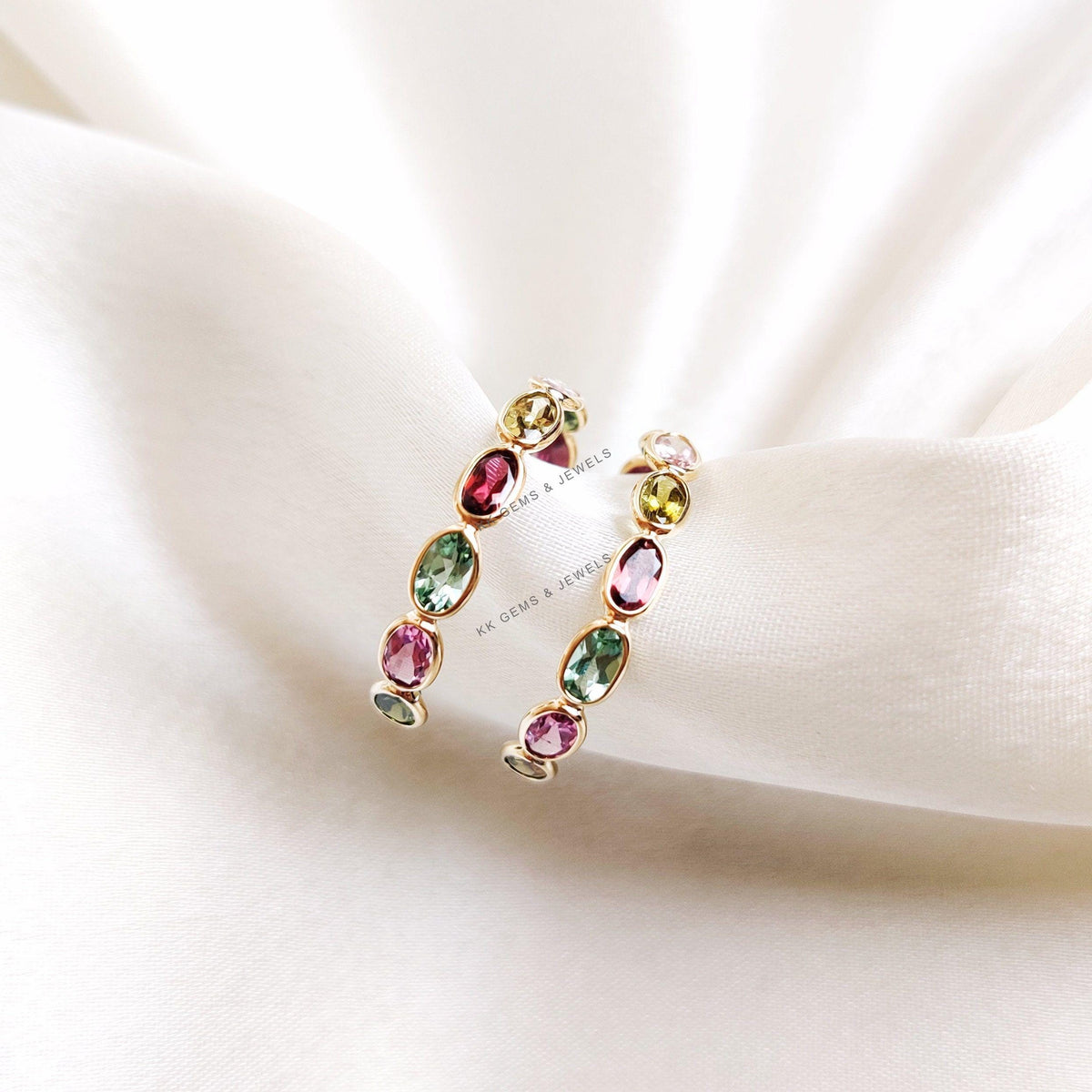 14K Solid Yellow Gold Natural Multi Tourmaline Hoop Earrings, Gemstone Hoops