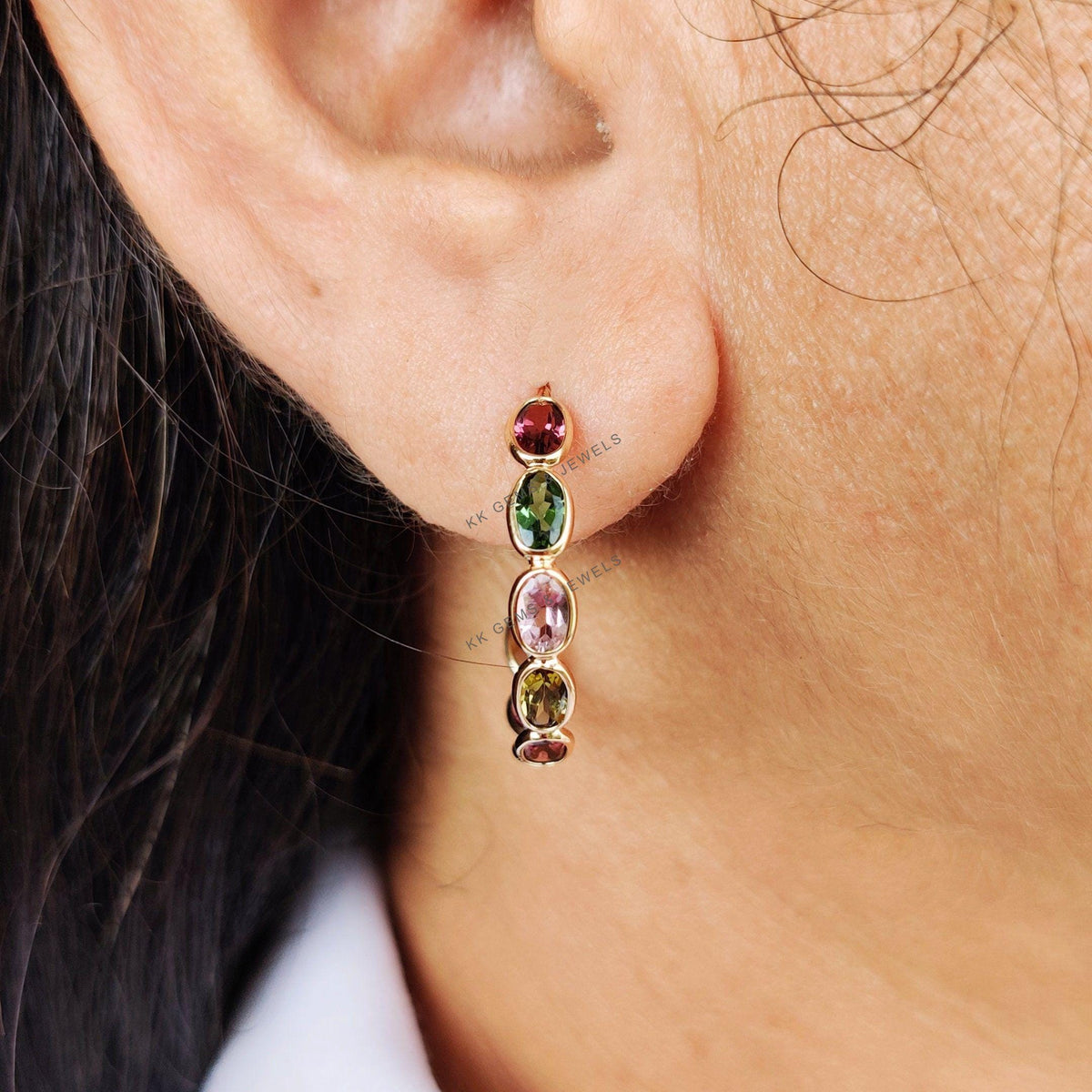 14K Solid Yellow Gold Natural Multi Tourmaline Hoop Earrings, Gemstone Hoops
