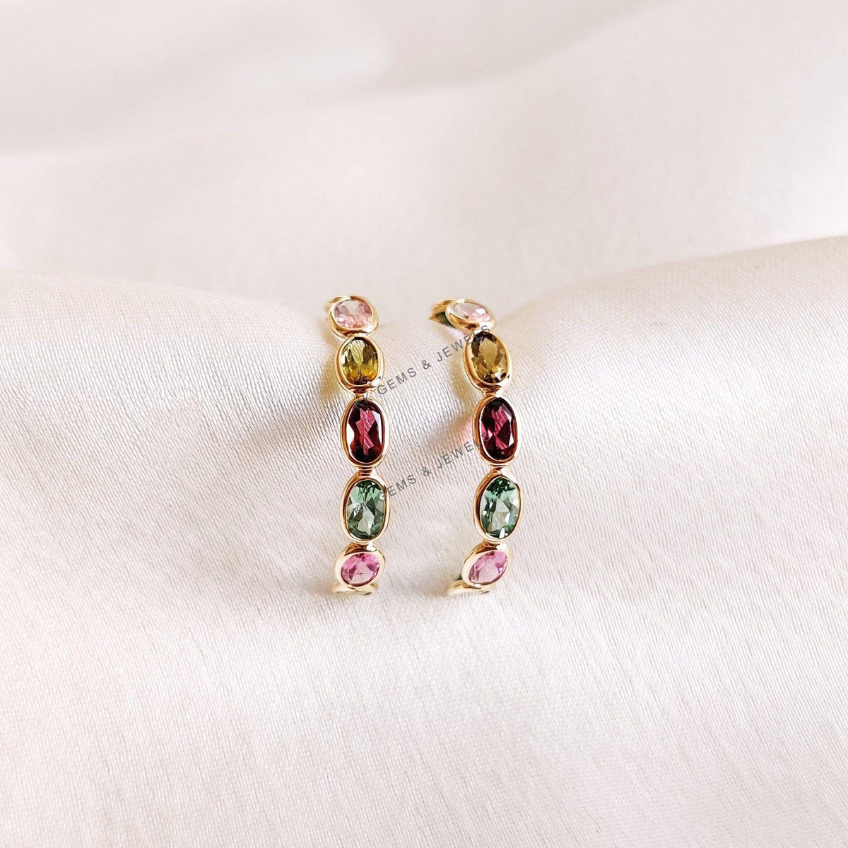 14K Solid Yellow Gold Natural Multi Tourmaline Hoop Earrings, Gemstone Hoops