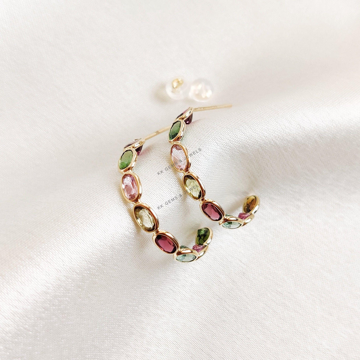 14K Solid Yellow Gold Natural Multi Tourmaline Hoop Earrings, Gemstone Hoops