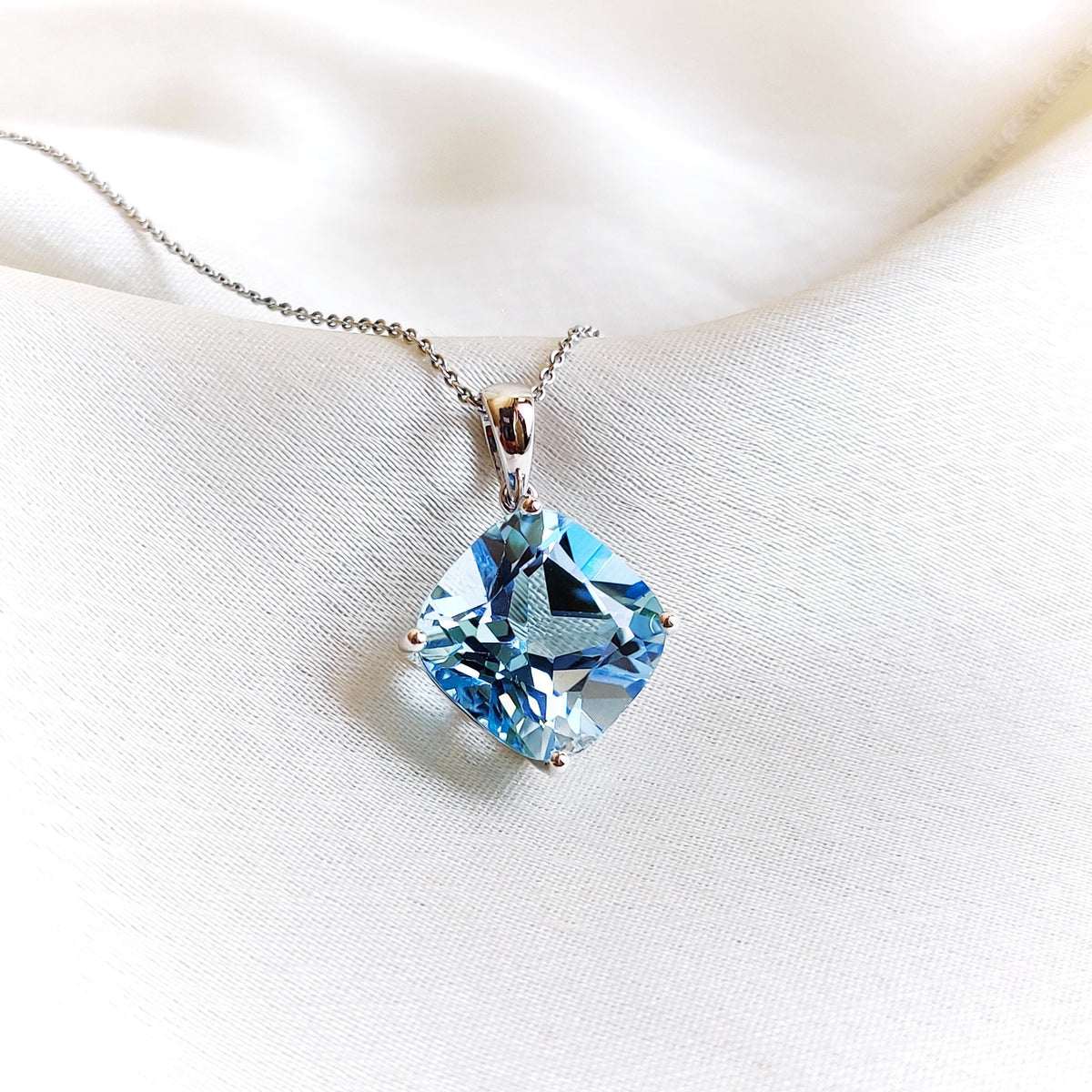 Natural Sky Blue Topaz Pendant, 14K Solid White Gold, Cushion Cut Jewelry