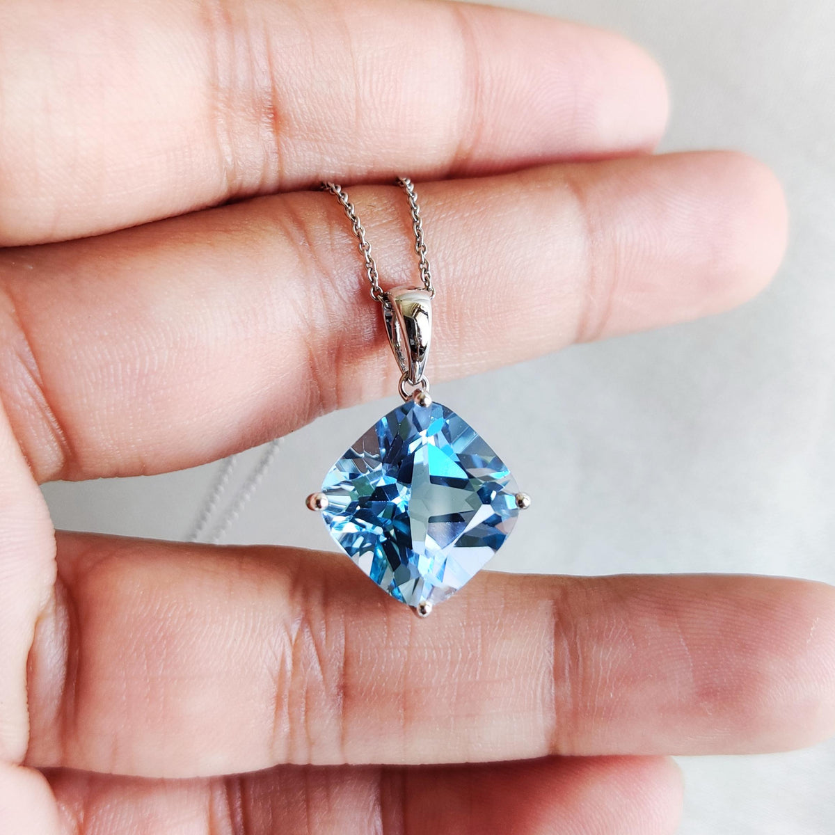 Natural Sky Blue Topaz Pendant, 14K Solid White Gold, Cushion Cut Jewelry