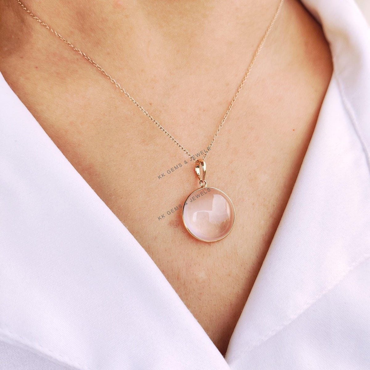 14K Solid Yellow Gold Natural Rose Quartz Pendant, January Birthstone, Christmas Present