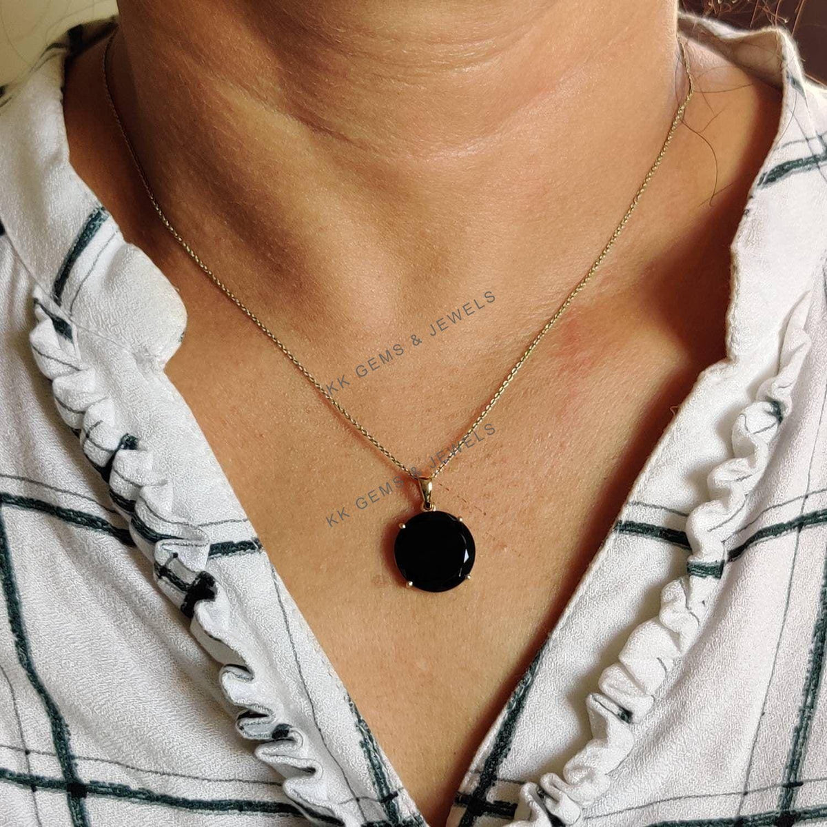 14K Solid Yellow Gold Natural Black Onyx Pendant, December Birthstone Pendant, Christmas Present