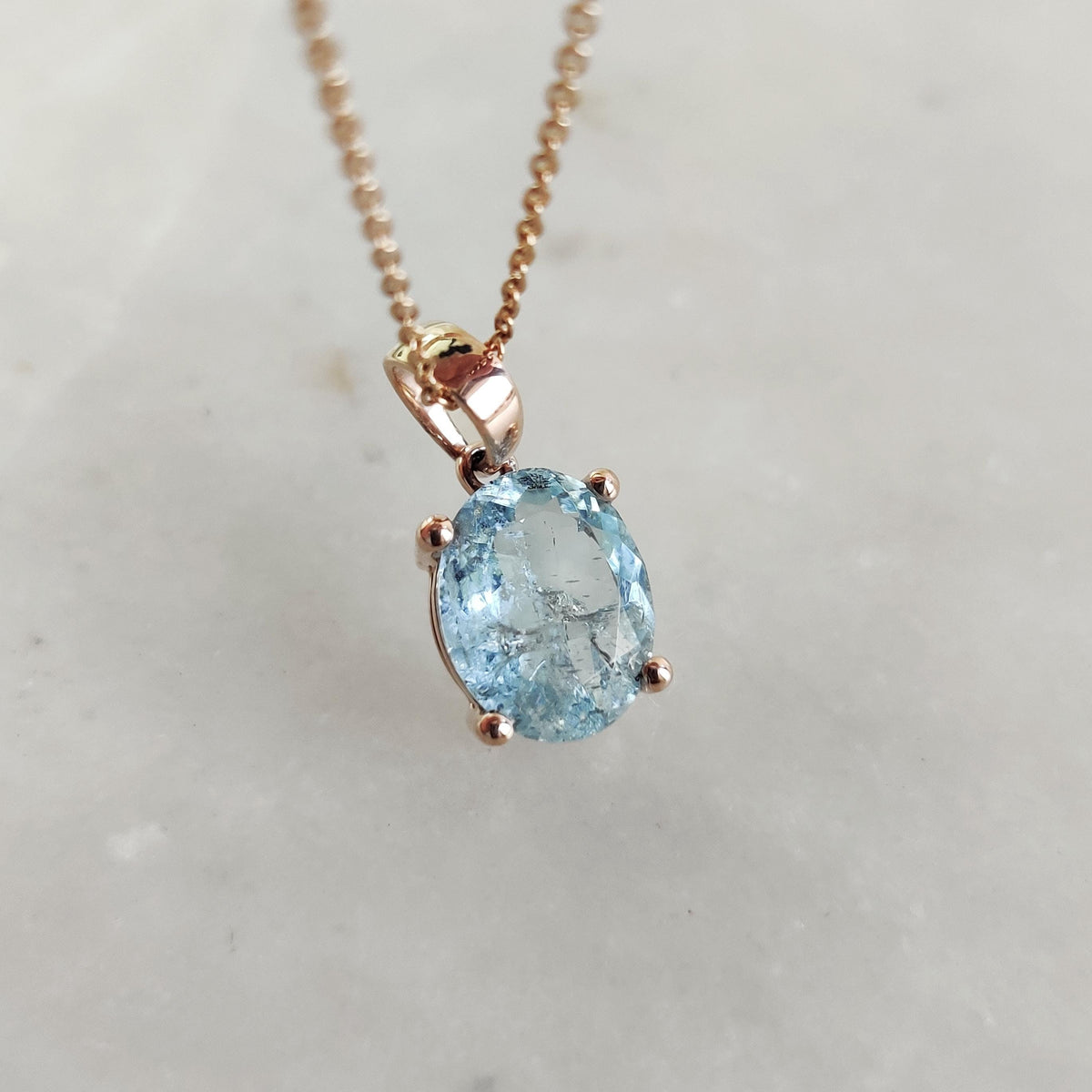 Natural Aquamarine Pendant, 14K Solid Rose Gold, March Birthstone