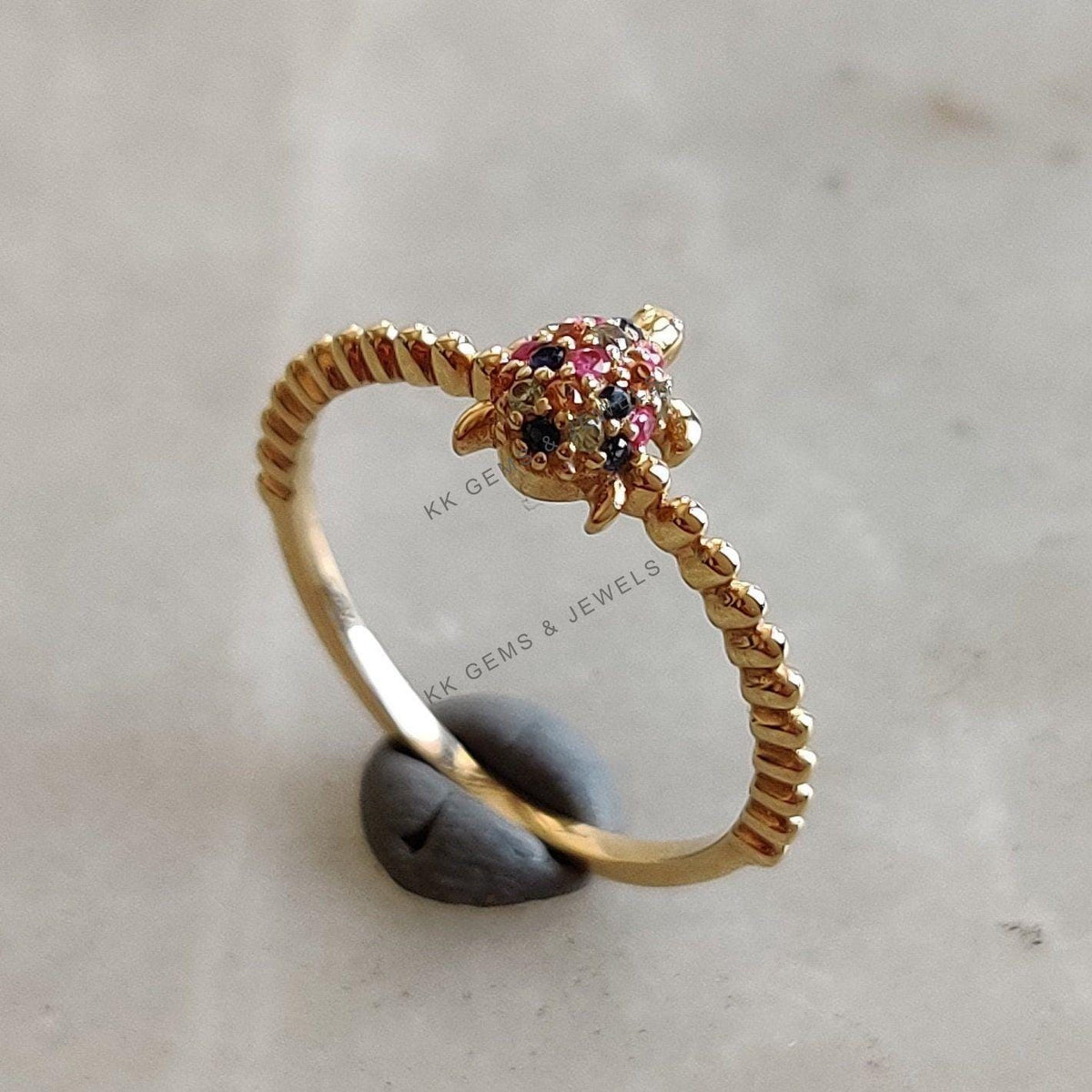 14K Solid Yellow Gold Natural Multi Sapphire Ring, Dainty September Birthstone