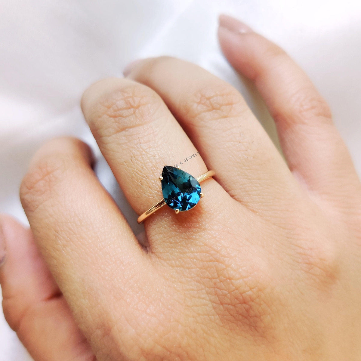 14K Solid Yellow Gold Natural London Blue Topaz Ring,  Pear Cut Ring, Anniversary Gift