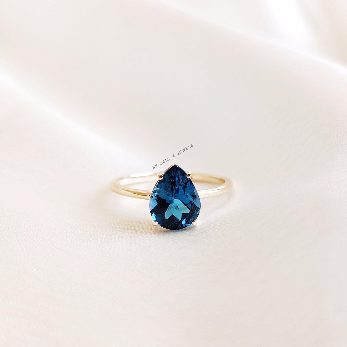 14K Solid Yellow Gold Natural London Blue Topaz Ring,  Pear Cut Ring, Anniversary Gift