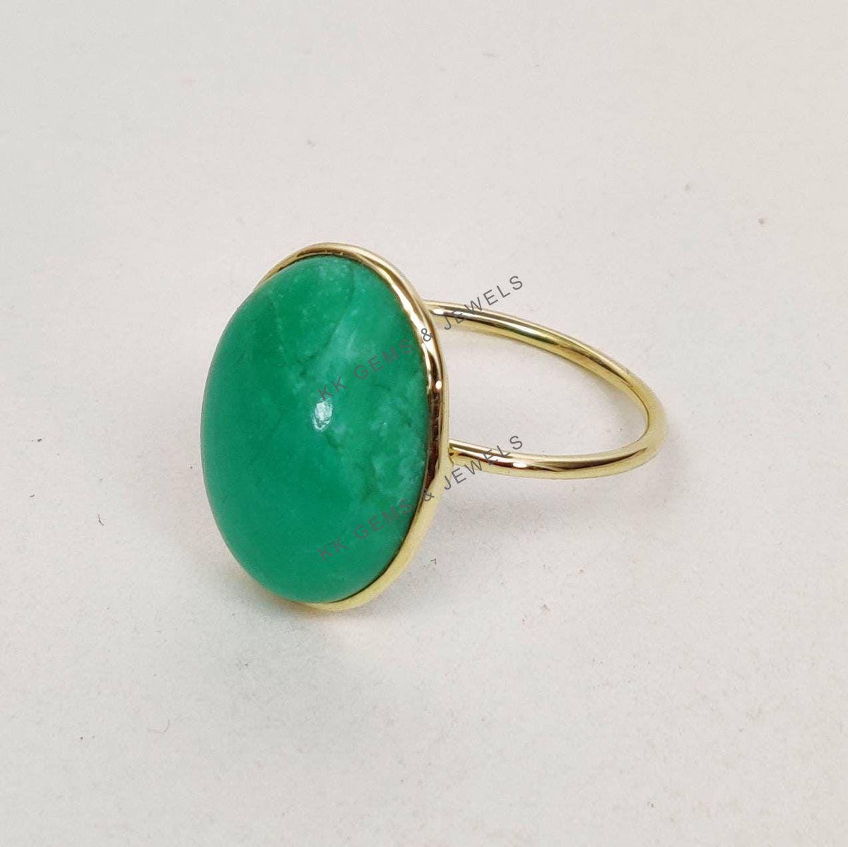 Natural Chrysoprase Ring, 14K Solid Yellow Gold Bezel Ring, May Birthstone