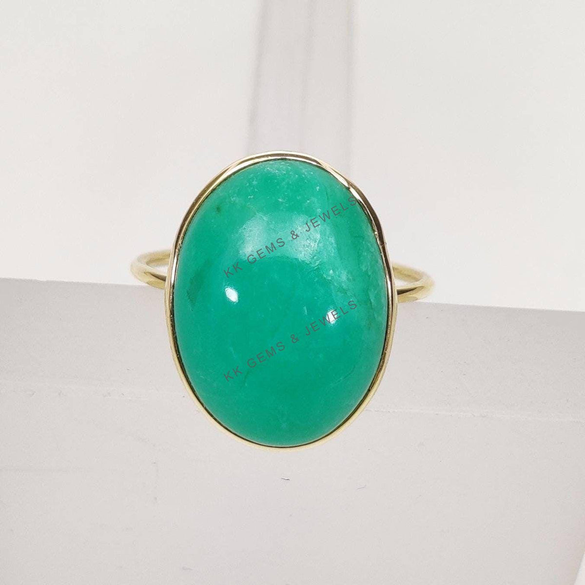 Natural Chrysoprase Ring, 14K Solid Yellow Gold Bezel Ring, May Birthstone