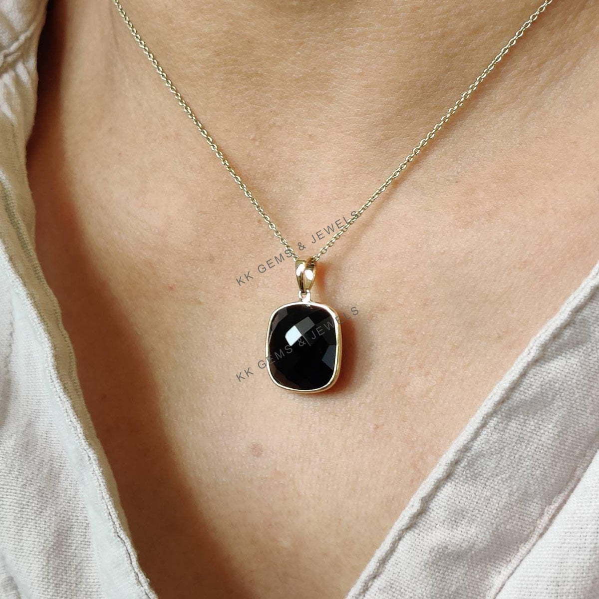 14K Solid Yellow Gold Natural Black Onyx Pendant, December Birthstone