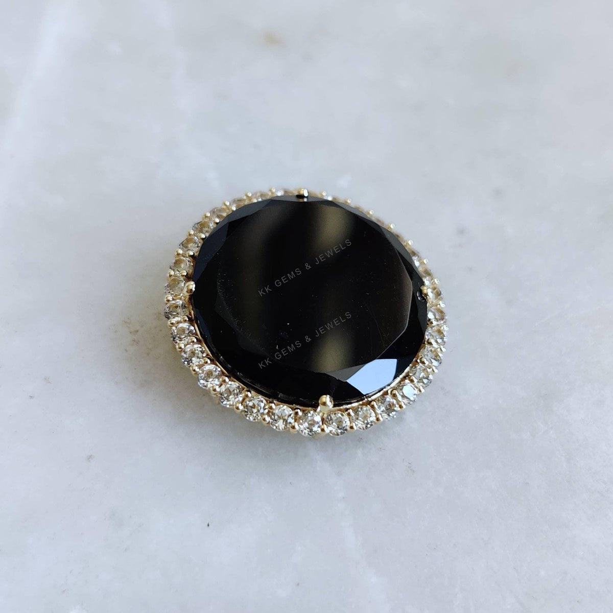 14K Solid Yellow Gold Natural Black Onyx & White Topaz Halo Pendant, December Birthstone