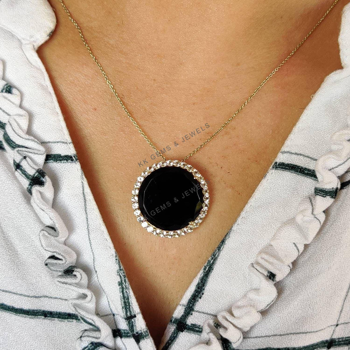 14K Solid Yellow Gold Natural Black Onyx & White Topaz Halo Pendant, December Birthstone