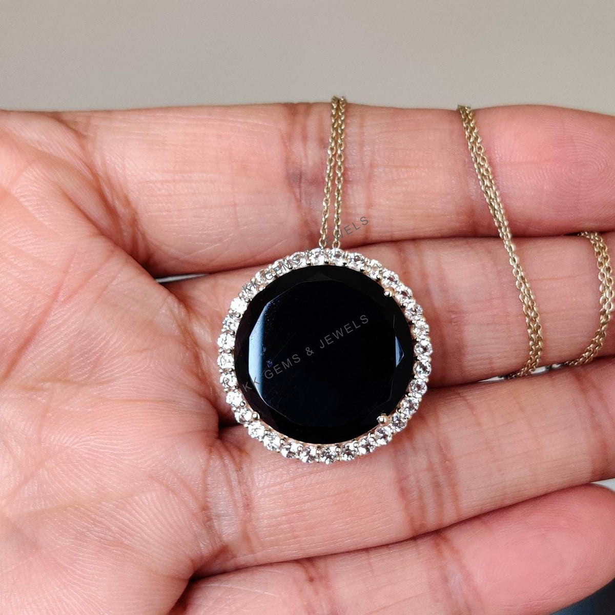 14K Solid Yellow Gold Natural Black Onyx & White Topaz Halo Pendant, December Birthstone