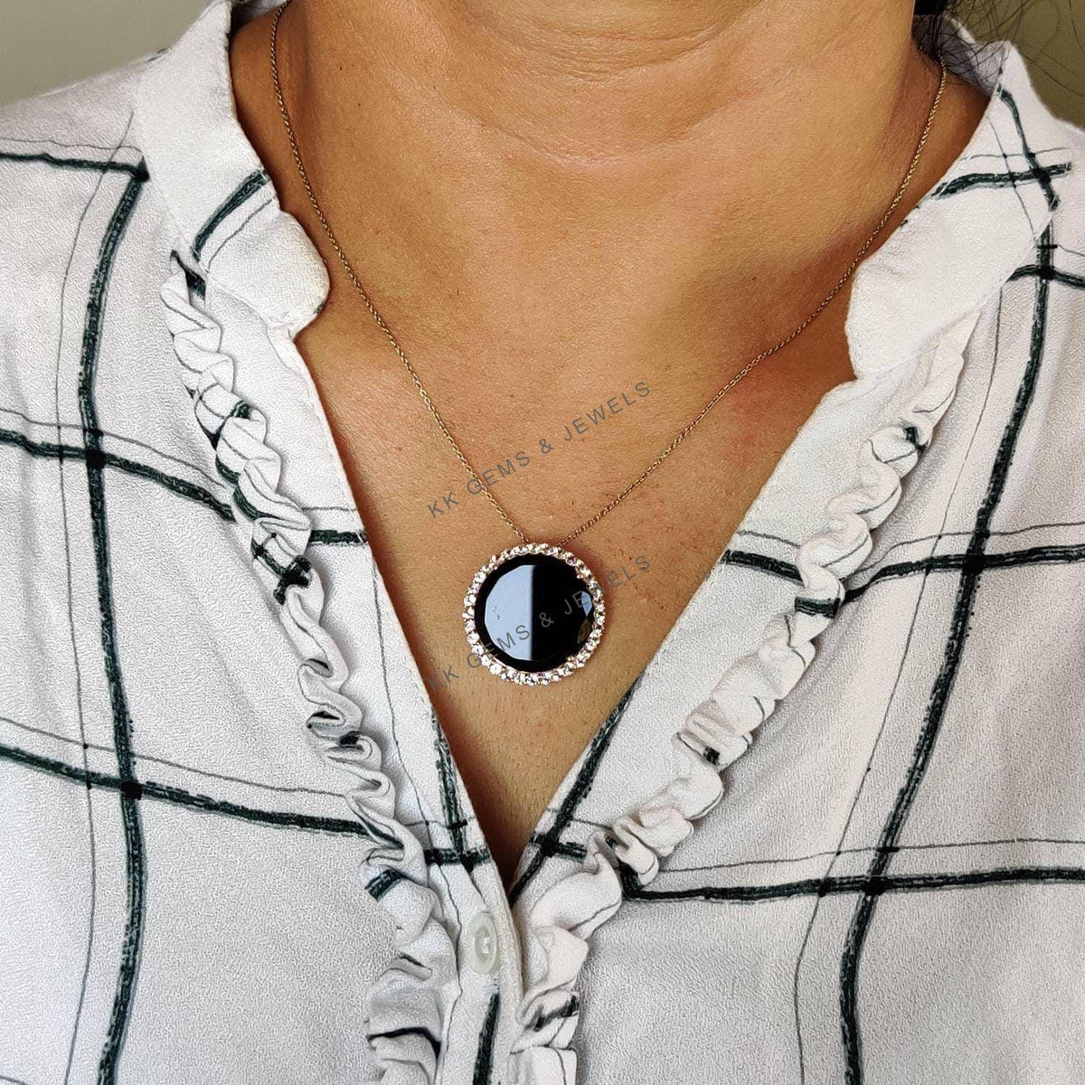 14K Solid Yellow Gold Natural Black Onyx & White Topaz Halo Pendant, December Birthstone