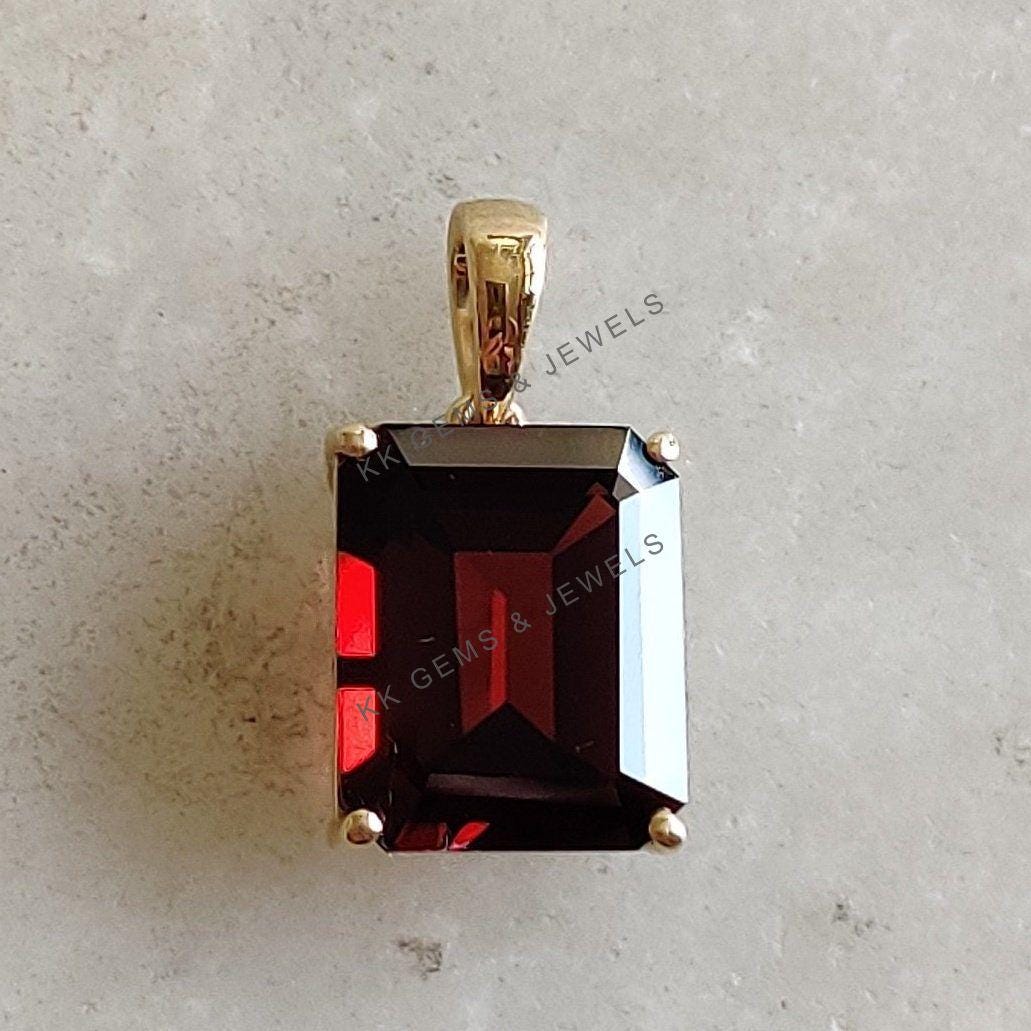 14K Solid Yellow Gold Natural Garnet Octagon Pendant, January Birthstone