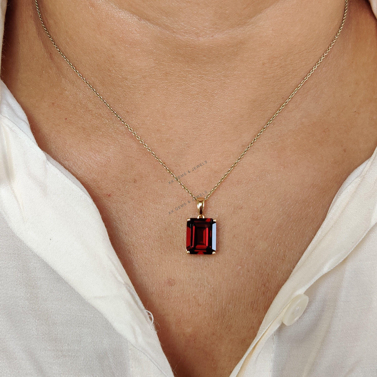 14K Solid Yellow Gold Natural Garnet Octagon Pendant, January Birthstone