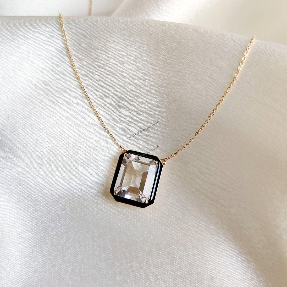 14K Solid Yellow Gold Natural White Topaz With Black Enamel Pendant, Christmas Present
