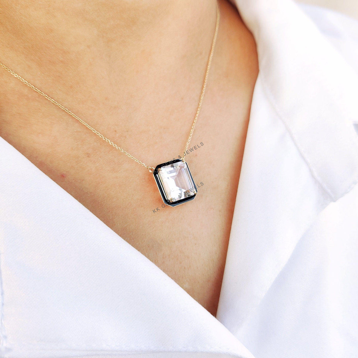 14K Solid Yellow Gold Natural White Topaz With Black Enamel Pendant, Christmas Present