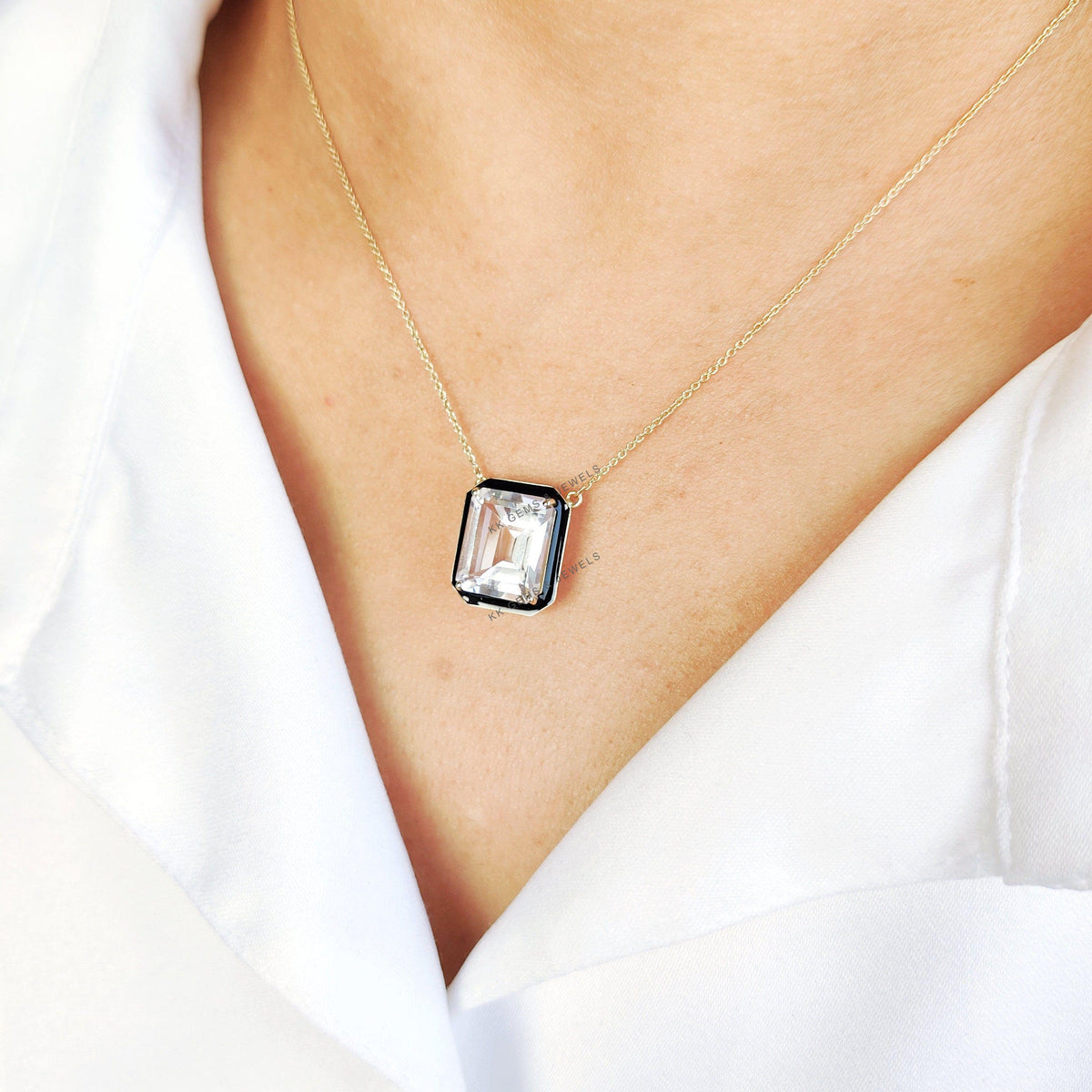 14K Solid Yellow Gold Natural White Topaz With Black Enamel Pendant, Christmas Present