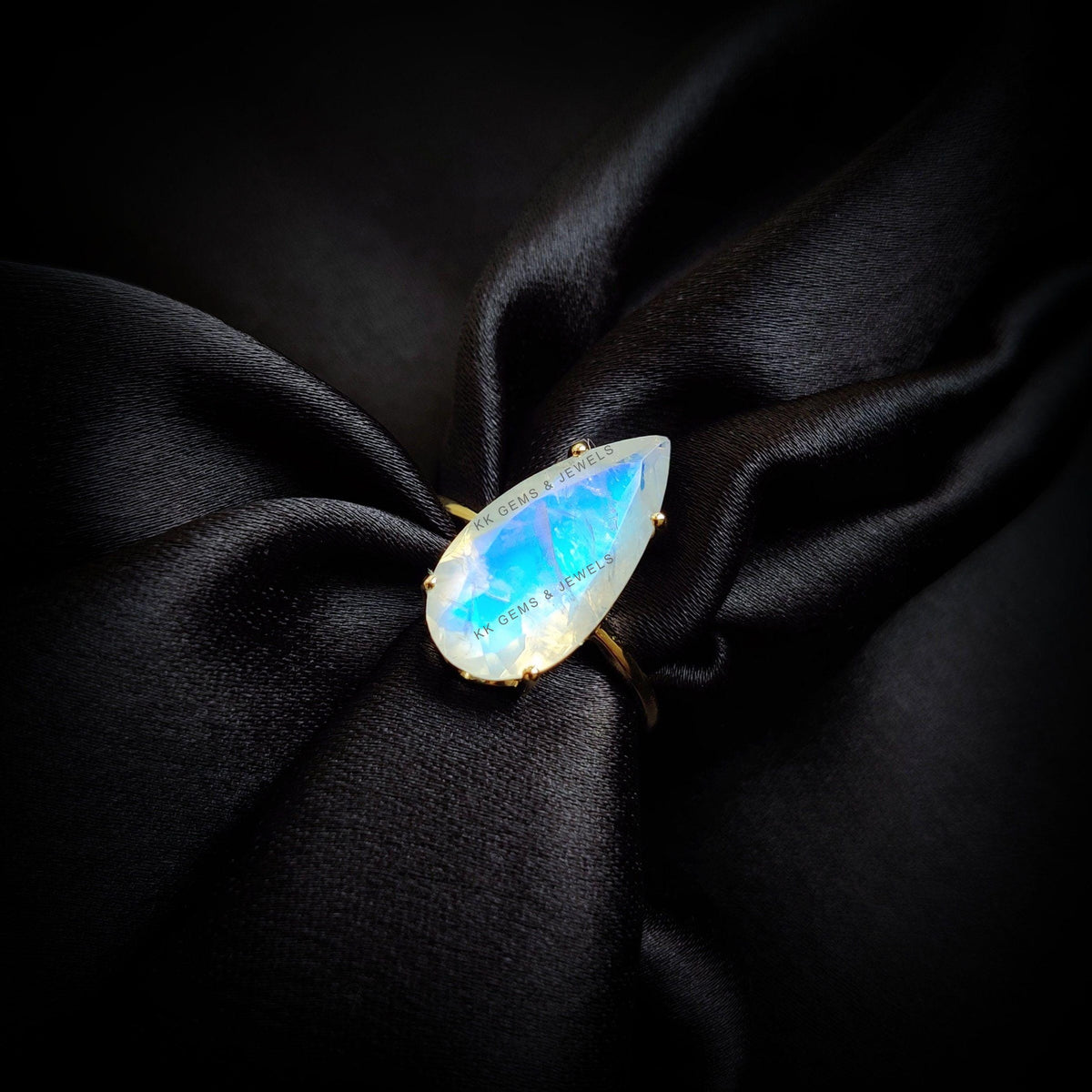 Pear Cut Natural Rainbow Moonstone Ring, 14K Solid Yellow Gold, June Birthstone