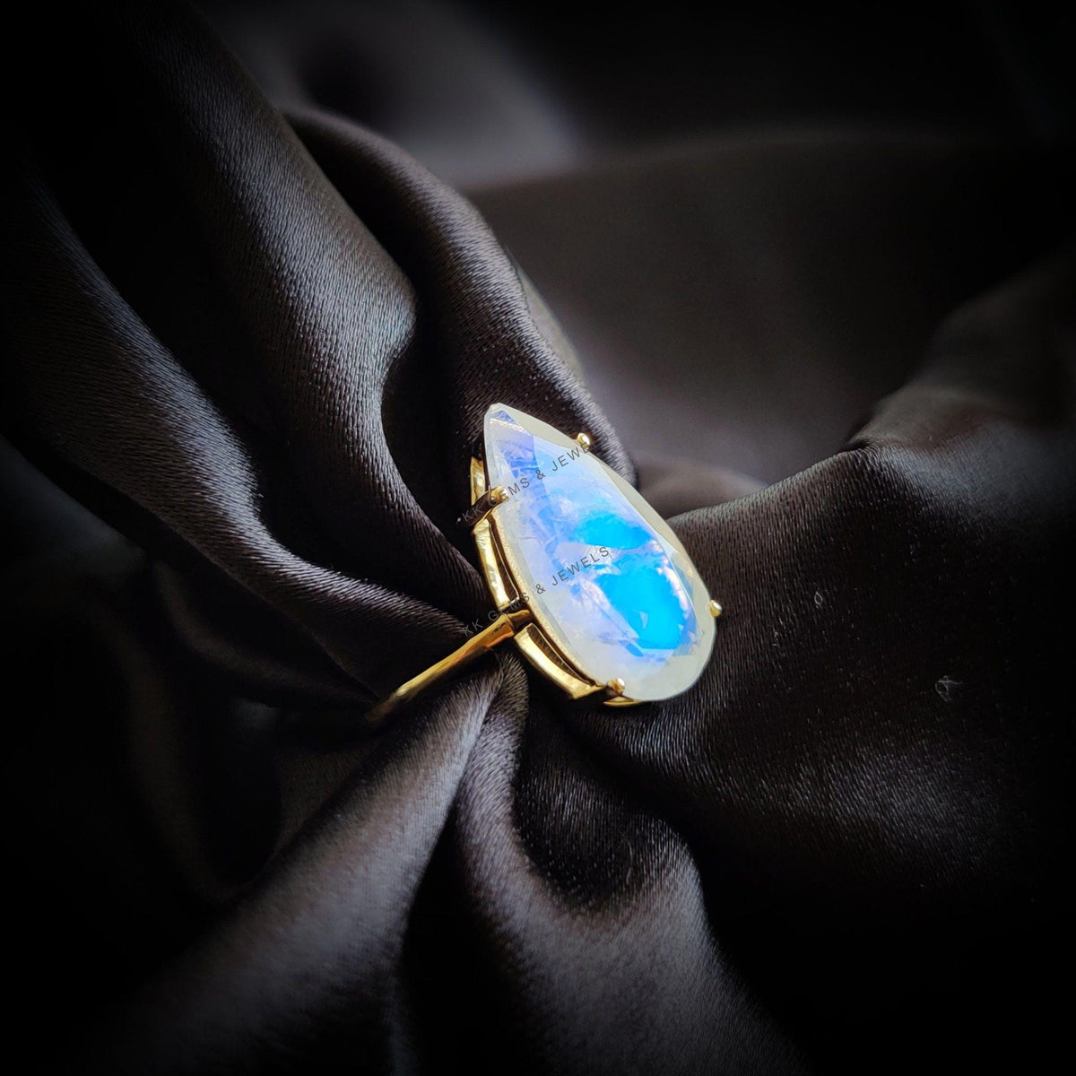 Pear Cut Natural Rainbow Moonstone Ring, 14K Solid Yellow Gold, June Birthstone